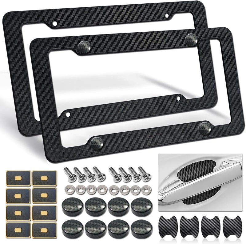 FBJTDQ Carbon Fiber License Plate Frames- Black Carbon Pattern Plastic Front & Rear Car Tag Holder Cover 2 Pack with Mount Hardware, Screws, Caps, Handlebar Stickers - Image 1